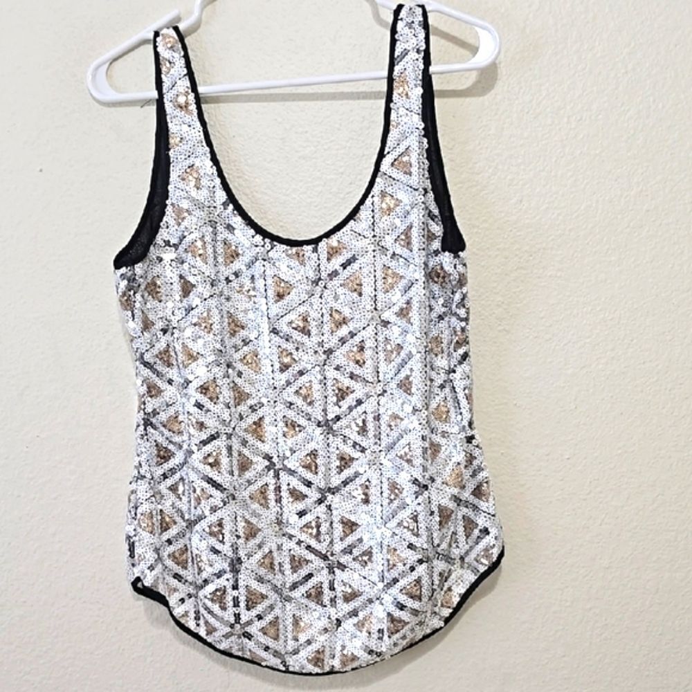 Bebe Sequin Gray and White Tank Top with Black Accents‎ small